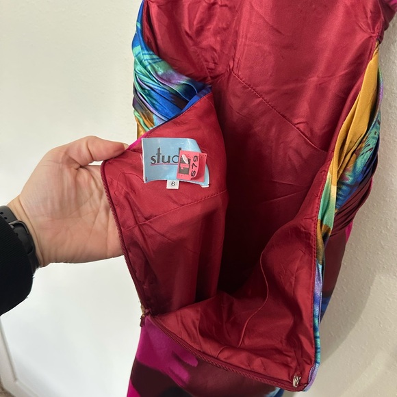 VINTAGE Y2K Sz 6 Open Back Deep V Multicolor Watercolor Formal Maxi Gown & Shawl - Picture 6 of 6